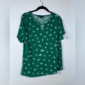 Adrienne Vittadini Green Bird Print Blouse EXC